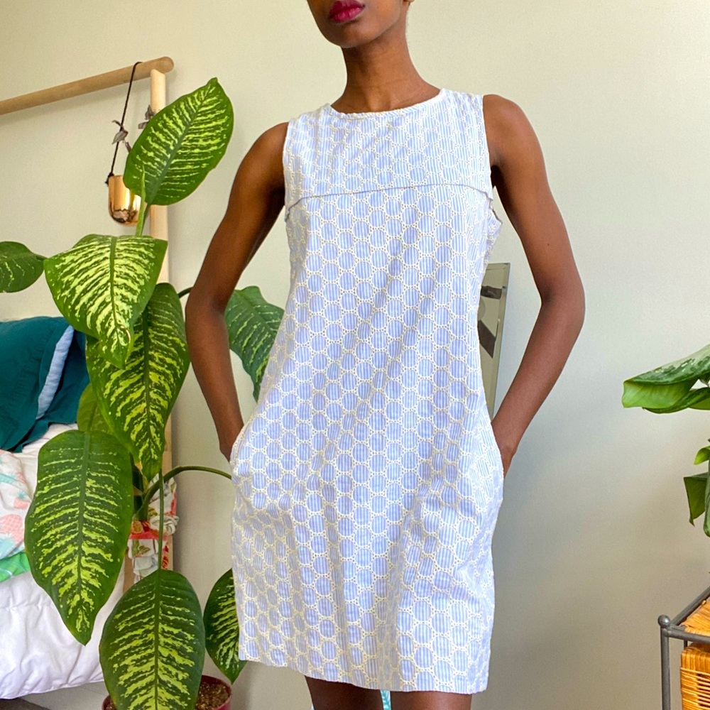 J. Crew Seersucker eyelet shift dress w/ tie back